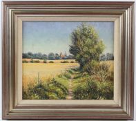 MERVYN GOODE Country path through fields towards church oil on canvas signed 29 x 34cm