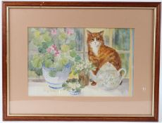 LESLEY HOLMES Ginger cat and pots on a window sill colour print, 22 x 34cm