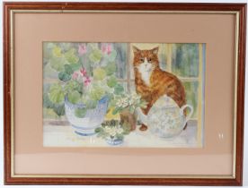 LESLEY HOLMES Ginger cat and pots on a window sill colour print, 22 x 34cm
