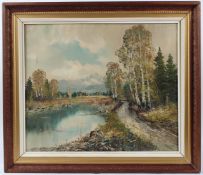 CONTINENTAL SCHOOL (20TH CENTURY) Lake side track with mountains beyond oil on canvas signed