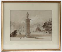 ENGLISH SCHOOL (19TH CENTURY) Children playing in a country house garden sepia watercolour