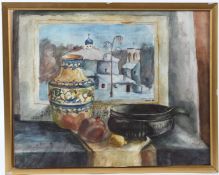 ENGLISH SCHOOL (20TH CENTURY) Still life of kitchen utensils and a Russian painting watercolour