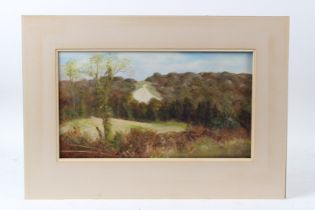 CIRCLE OF JOHN STRICKLAND GOODALL Landscape with quarry beyond oil on board unframed 24 x 44cm