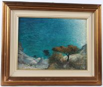 A ZANETTI Cliff top view of the Mediterranean oil on prepared board signed bears label on reverse 30