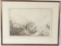 19TH CENTURY SCHOOL Study of a mountain valley pencil and wash annotated and inscribed signed