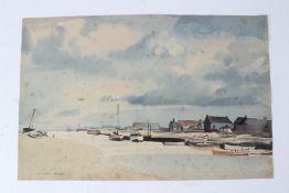 ATTRIBUTED TO ROWLAND HILDER Boats tied up on a river creek watercolour signed unframed 29 x 44cm
