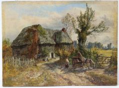 ENGLISH SCHOOL (19TH CENTURY) Figures in conversation outside a thatched cottage oil on panel