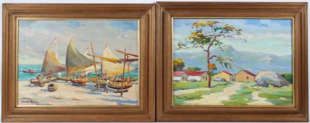 MANIO NUNES Fishing boats on a beach and landscape with buildings two oils on canvas both signed
