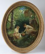 PAUL ATTFIELD (b.1950) Two girls picking flowers in a wood oil on canvas signed 49.5 x 39.5cm oval