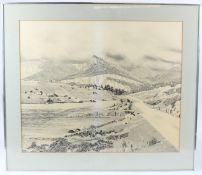 P GRADY ? Stylised mountainous landscape mixed media signed in pencil 51 x 62cm
