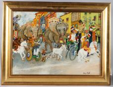 PERCY ASH Circus procession along a street, oil on board, signed 40 x 57cm