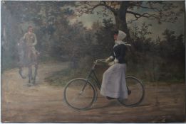 EARLY 20TH CENTURY Woman on a bicycle and man on horseback in adjoining lane oil on canvas signed