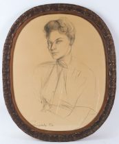 JEAN THEOBOLD JACUS Bust portrait of a society lady charcoal signed and dated '54 oval 67 x 53cm