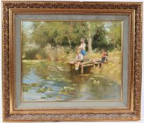 RUSSIAN SCHOOL (20TH CENTURY) Children fishing oil on canvas inscribed verso signed 31.5 x 39.5cm