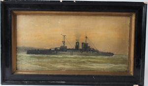 MARITIME SCHOOL (MID 20TH CENTURY) Royal Navy battleship oil on panel 19.5 x 39.5cm