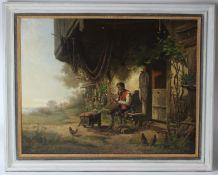 ADOLF VAN DER VENNE (1828-1911) Fisherman repairing nets seated outside a cottage with a child in