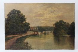 J LEWIS (19TH CENTURY) View of a river, probably the Thames with moored barges, bridge and buildings