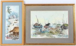 ABU BAKAR IBRAHIM Figures on a Malaysian beach watercolour signed 32 x 12.5cm and a watercolour of