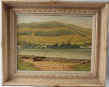 JAS McINNES View of navy battleships oil on board signed 29 x 39cm