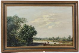 CIRCLE OF F W WATTS Figures in a rowing boat, flat landscape beyond oil on canvas 36 x 59cm