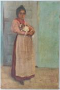 VERDYEN Full length portrait of a woman holding a terrier oil on canvas signed unframed (a/f) 61 x