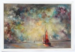 KLEE View of yachts leaving harbour oil on board signed 50 x 75cm