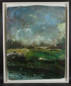 NICK TUTIN (20TH CENTURY) 'Triggs Lock 2006' oil on irregular shaped panel signed 106 X 84cm
