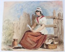 ENGLISH SCHOOL (19TH CENTURY) Country girl seated on a stile reading a letter watercolour unframed