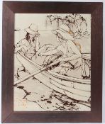 BERNARD DUFOUR Two young ladies in a rowing boat acrylic on canvas signed 47 x 37cm