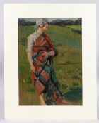 ALBERT LIPCZINSKI (1876-1974) Woman with a tartan shawl oil on panel, pre 1914 signed 39 x 28cm
