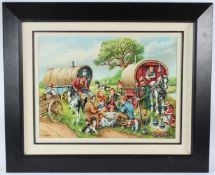 ROY WALLACE Scene of Travellers and caravans playing cards by a road side oil on board signed 46 x
