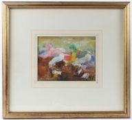 CIRCLE OF KLAUS PHILIPP Study of jockeys racing gouache and coloured chalks 17.5 x 23cm