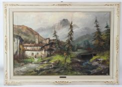 GUIDONI (20TH CENTURY ITALIAN SCHOOL) Alpine village landscape oil on canvas signed 58.5 x 88cm