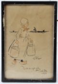 WILL OWEN (1869-1957) 'The Flapper' Dutch girl carrying pails pen and ink with wash inscribed,