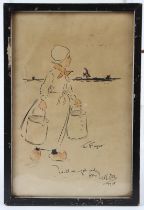 WILL OWEN (1869-1957) 'The Flapper' Dutch girl carrying pails pen and ink with wash inscribed,