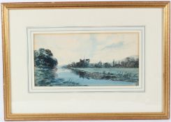 E GILL 'River landscape with ruined church' watercolour signed 19 x 37cm