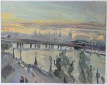 MODERN BRITISH SCHOOL London skyline oil on board unframed 38 x 48cm