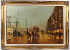 GRAHAM ISOM (1945) Horse and carriage at eventide on Princess Dock, Hull oil on canvas signed 50 x