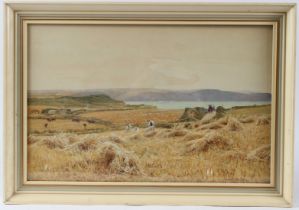 FRANK WALTON (1840-1928) 'Bude Cornwall' Haymaking and coast beyond, watercolour signed 28 x 43cm