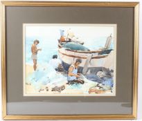 JUDY COOPER Fishermen repairing nets watercolour, signed, 30 x 39cm