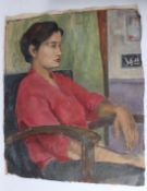 MODERN BRITISH SCHOOL Study of a young woman seated in an interior oil on canvas unframed and