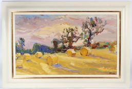 JEFFREY PRATT (1940) 'Straw Bales, Swerford' oil on board signed De Montfort Gallery label 58 x