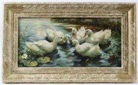 GERHARD MERFORT (1927) Family of ducks oil on panel Whitgift Gallery label signed 23 x 48cm