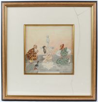 IVAN SEMEVSKY Young woman bathing with court attendants watercolour signed (a/f) glass broken 26 x