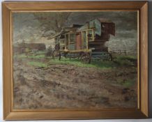 KENNETH NEWTON (1933-1984) Threshing machine off a farm track oil on board signed Royal Academy