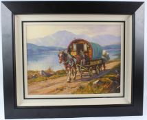 DONAL MCNAUGHTON Travellers with horse and caravan on the open road oil on board signed 44 x 60cm