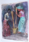 SOUTH AFRICAN SCHOOL (MID 20TH CENTURY) Two women pounding food in a pail watercolour unframed 75.