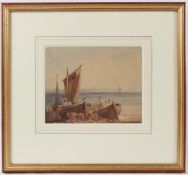 CIRCLE OF DAVID COX Fisherman tending his nets and pots watercolour 18 x 22.5cm