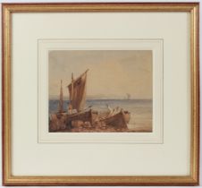 CIRCLE OF DAVID COX Fisherman tending his nets and pots watercolour 18 x 22.5cm