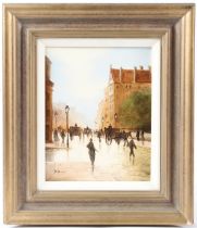 20TH CENTURY View of a Continental street with horse and carriages signed indistinctly Forest